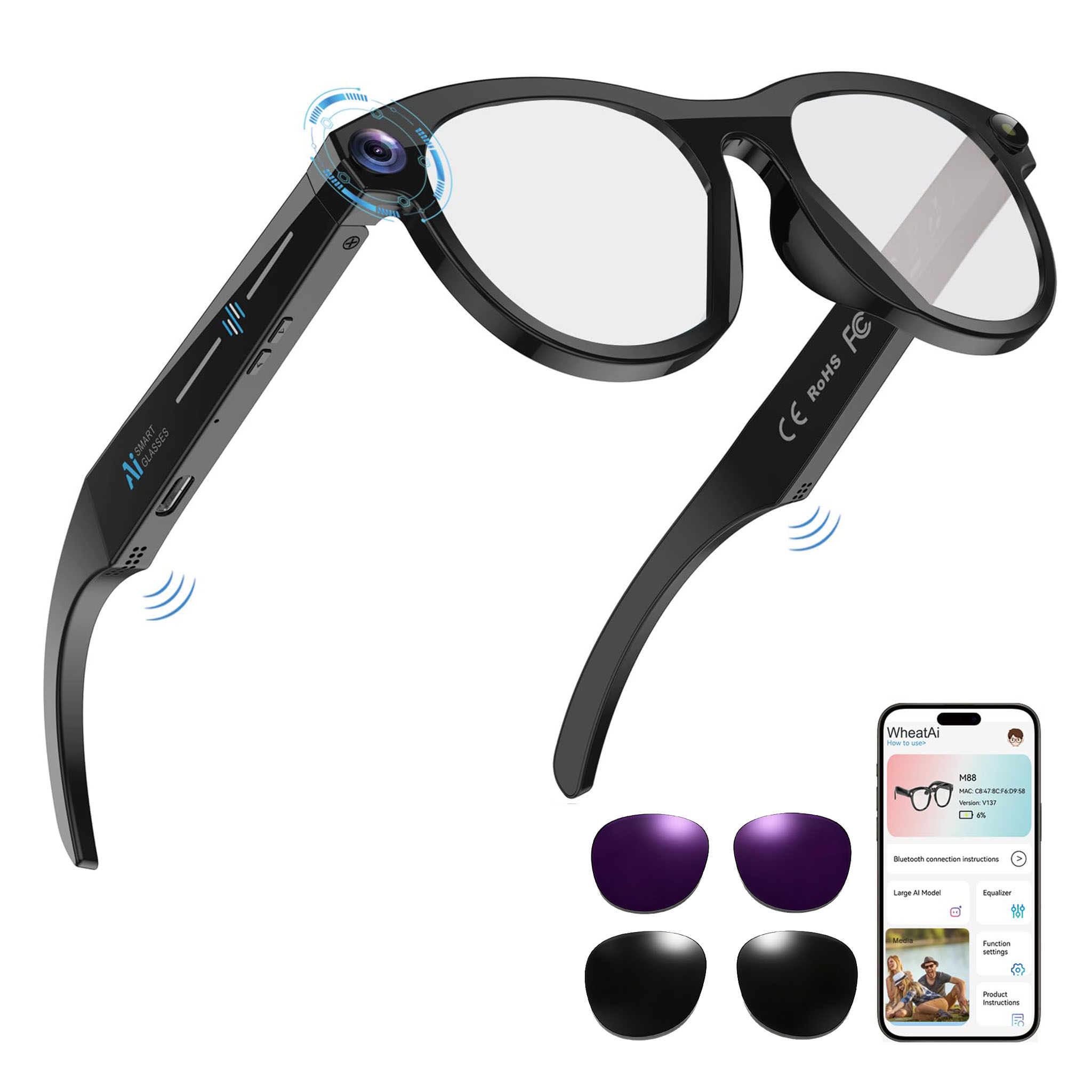 Audio Music Arabic - Black Smart Ai Glasses for Men,